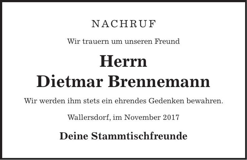 Traueranzeige Dietmar Brennemann