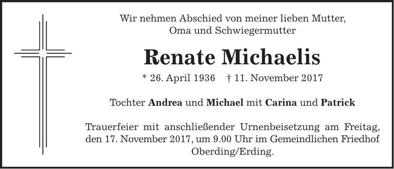 Traueranzeige Renate Michaelis