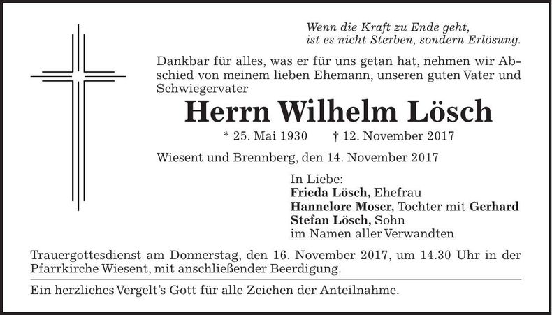 Traueranzeige Wilhelm Lösch