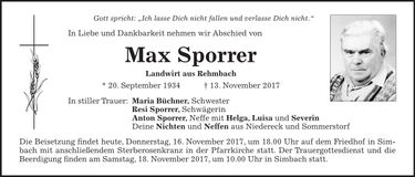 Traueranzeige Max Sporrer