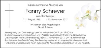 Traueranzeige Fanny Schreyer