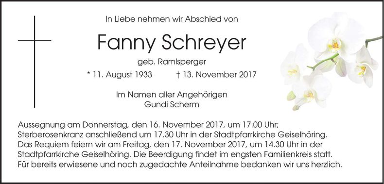 Traueranzeige Fanny Schreyer