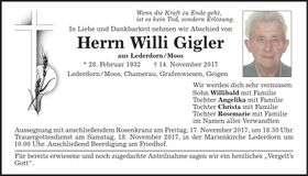 Traueranzeige Willi Gigler