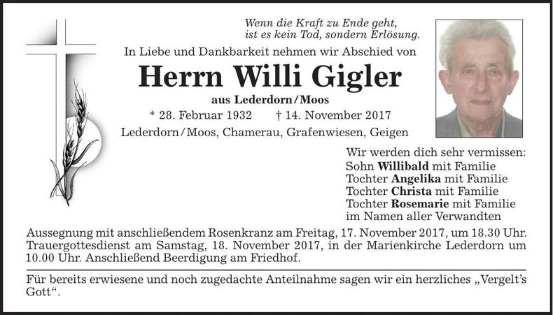 Traueranzeige Willi Gigler