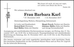 Traueranzeige Barbara Karl
