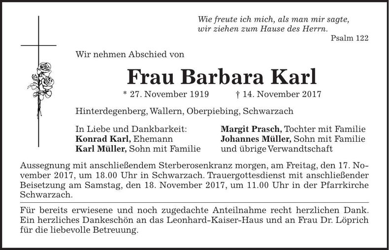 Traueranzeige Barbara Karl