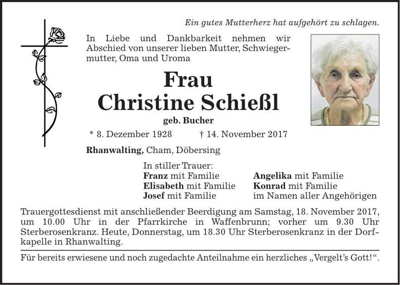 Traueranzeige Christine Schießl