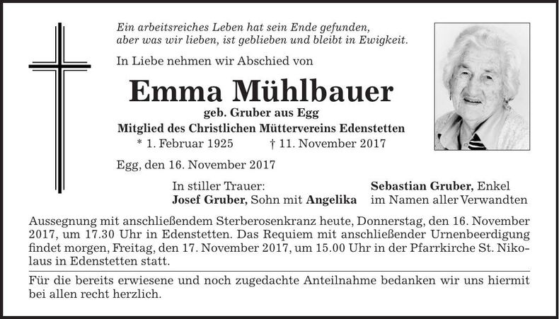 Traueranzeige Emma Mühlbauer
