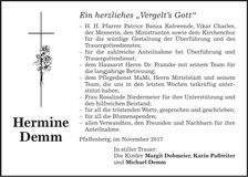 Traueranzeige Hermine Demm
