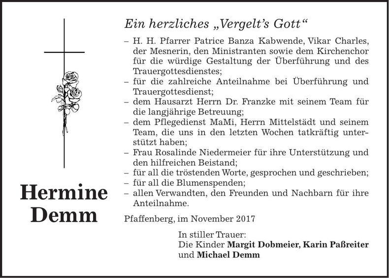 Traueranzeige Hermine Demm
