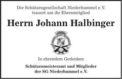 Traueranzeige Johann Halbinger