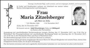 Traueranzeige Maria Zitzelsberger