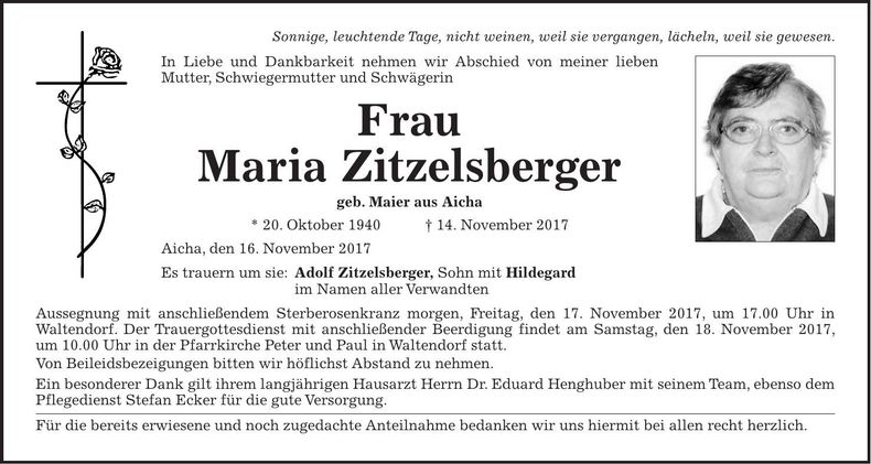 Traueranzeige Maria Zitzelsberger