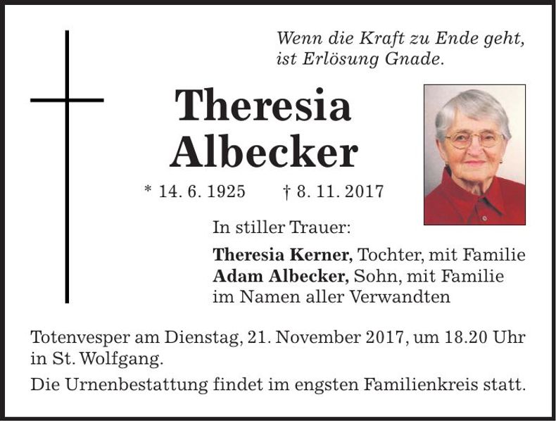 Traueranzeige Theresia Albecker