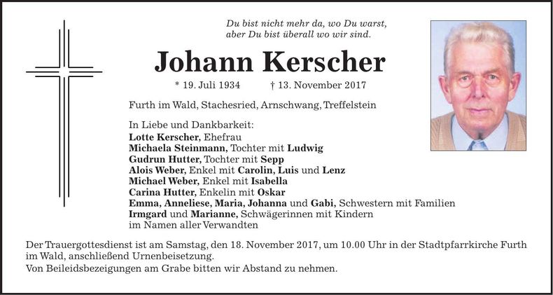 Traueranzeige Johann Kerscher