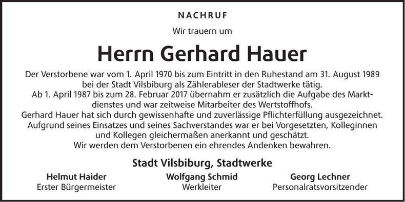 Traueranzeige Georg Hauer