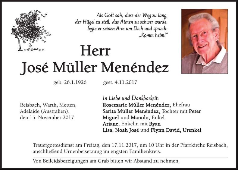 Traueranzeige José Müller Menéndez
