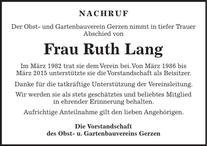 Traueranzeige Ruth Lang
