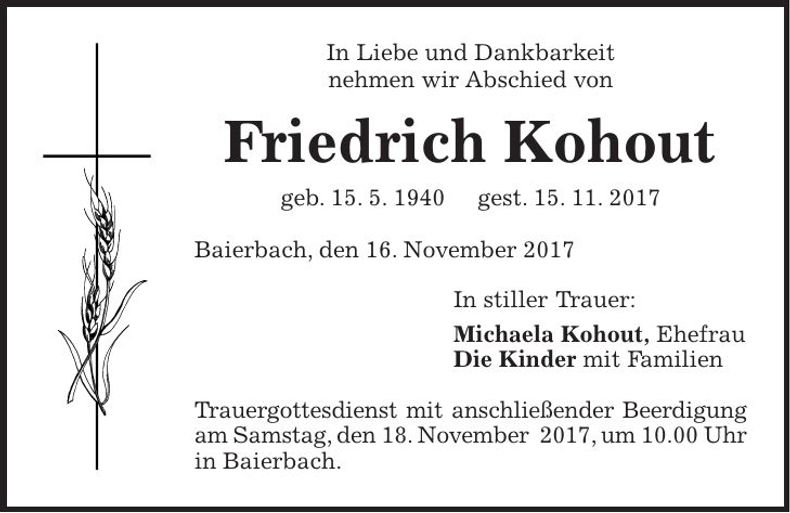Traueranzeige Friedrich Kohout