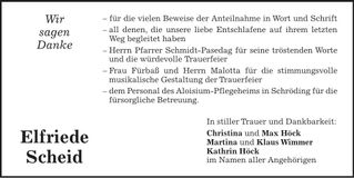Traueranzeige Elfriede Scheid