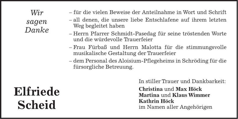 Traueranzeige Elfriede Scheid