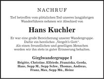 Traueranzeige Hans Kuchler