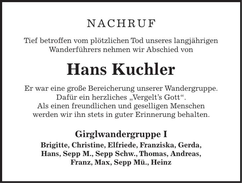 Traueranzeige Hans Kuchler