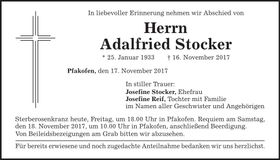 Traueranzeige Adalfried Stocker