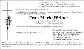 Traueranzeige Maria Weiher