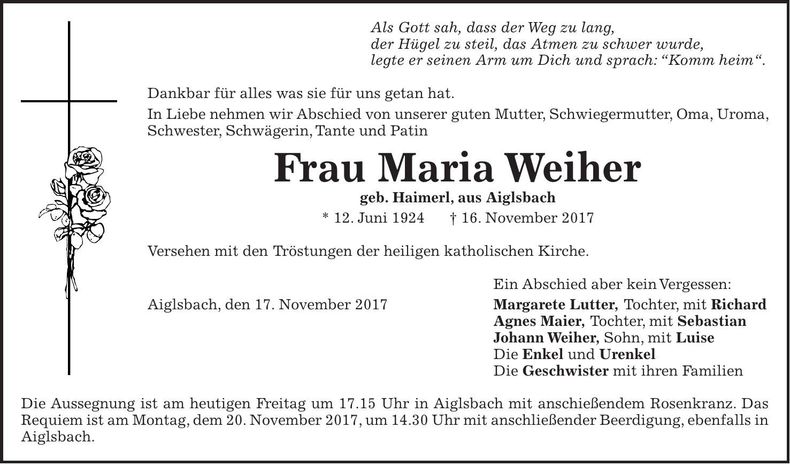 Traueranzeige Maria Weiher