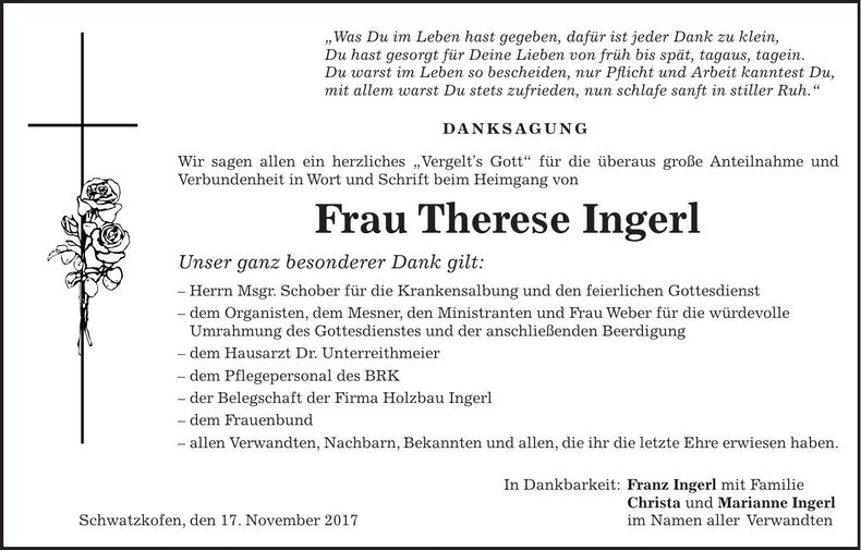 Traueranzeige Therese Ingerl