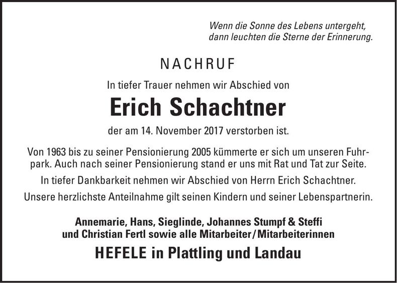 Traueranzeige Erich Schachtner