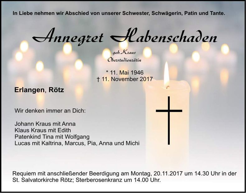 Traueranzeige Annegret Habenschaden