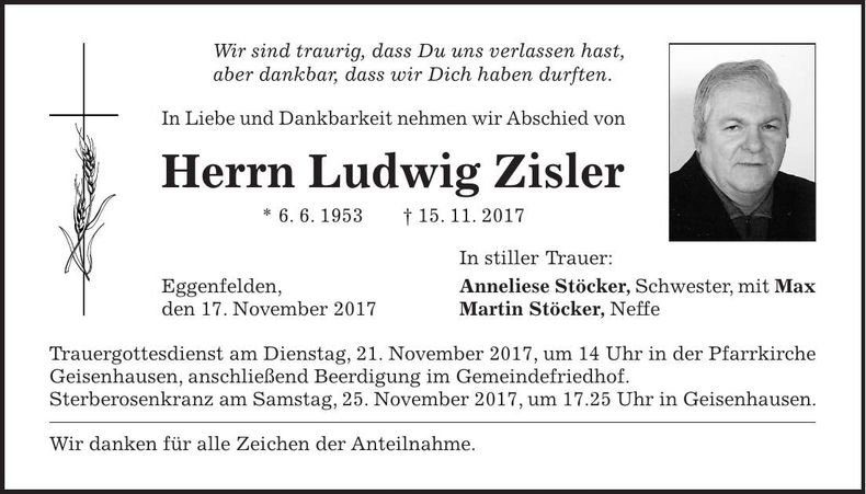 Traueranzeige Ludwig Zisler