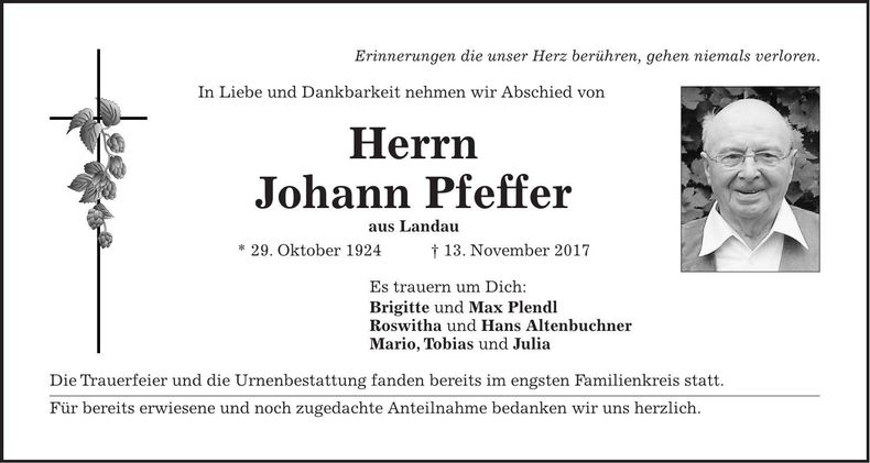 Traueranzeige Johann Pfeffer