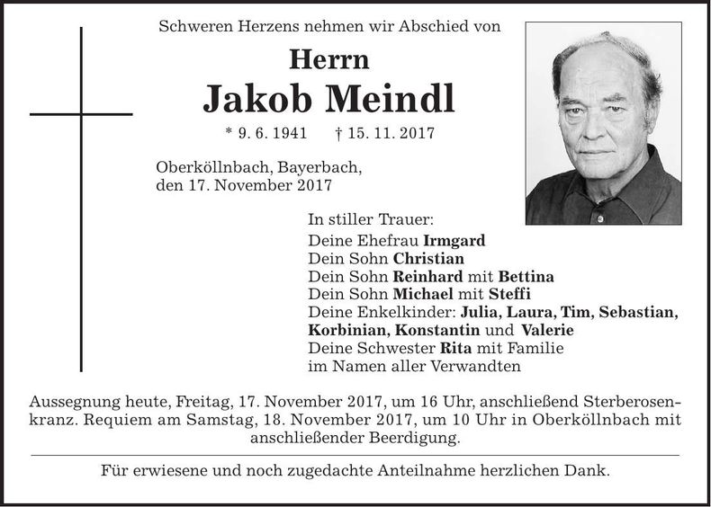 Traueranzeige Jakob Meindl