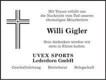 Traueranzeige Willi Gigler