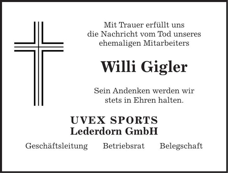 Traueranzeige Willi Gigler