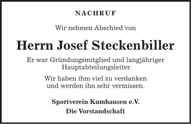 Traueranzeige Josef Steckenbiller