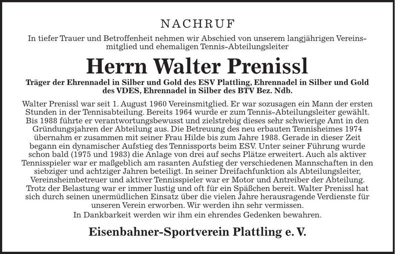 Traueranzeige Walter Prenissl