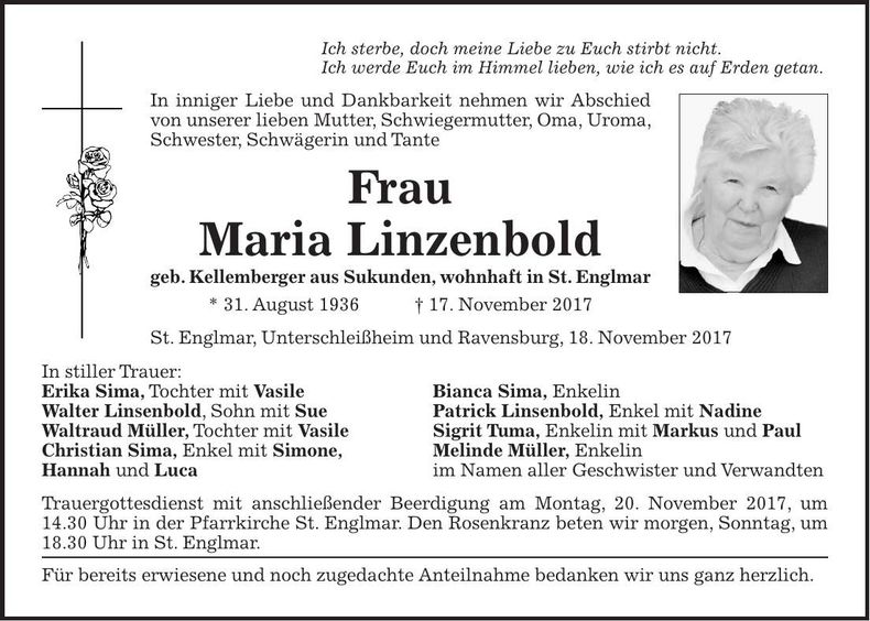 Traueranzeige Maria Linzenbold