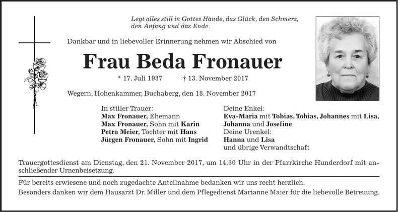 Traueranzeige Beda Fronauer
