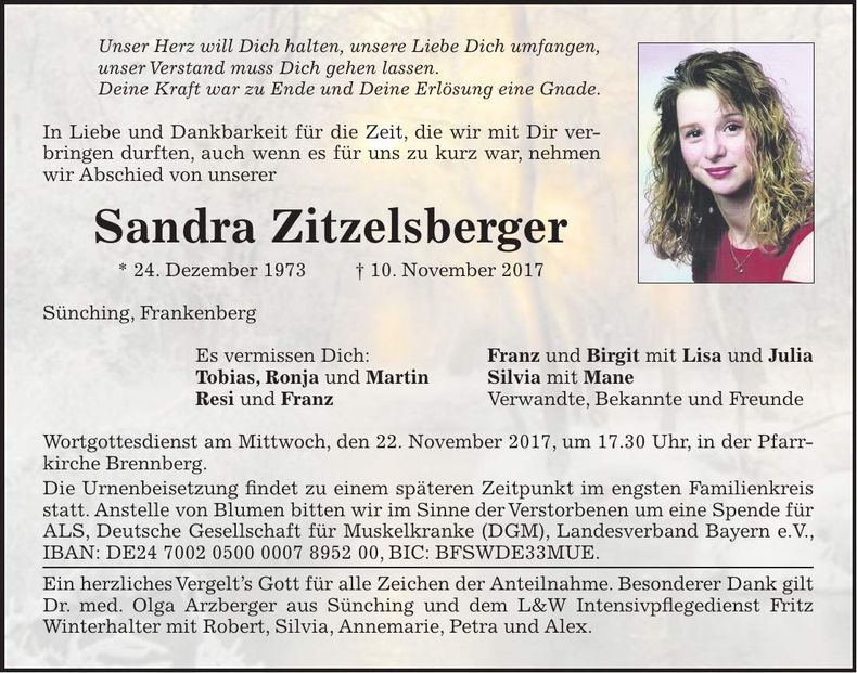 Traueranzeige Sandra Zitzelsberger