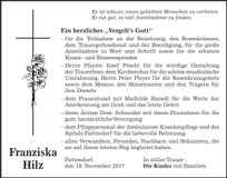 Traueranzeige Franziska Hilz