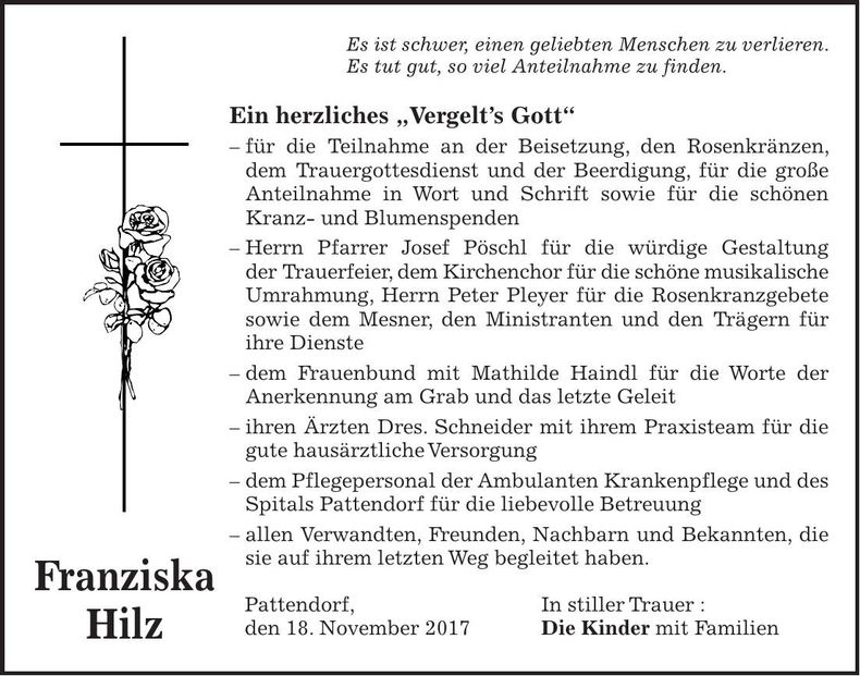 Traueranzeige Franziska Hilz