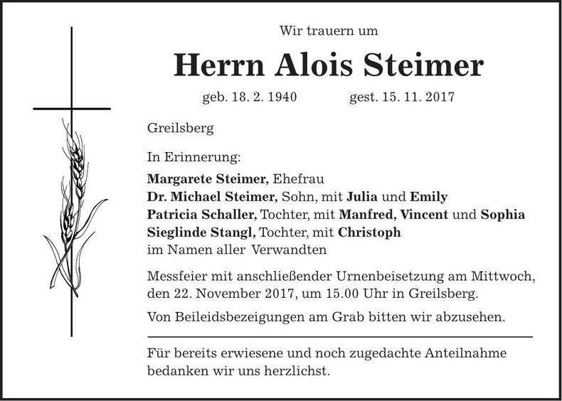 Traueranzeige Alois Steimer