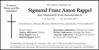 Traueranzeige Sigmund Franz Anton Rappel