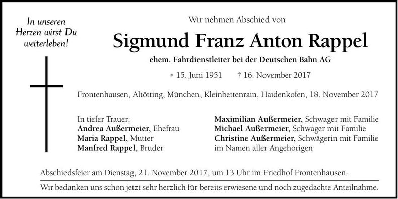 Traueranzeige Sigmund Franz Anton Rappel