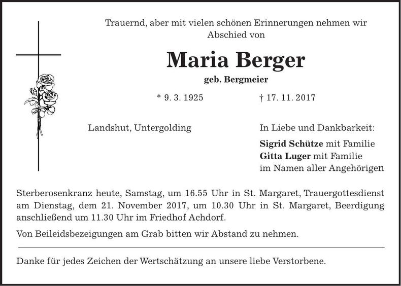 Traueranzeige Maria Berger