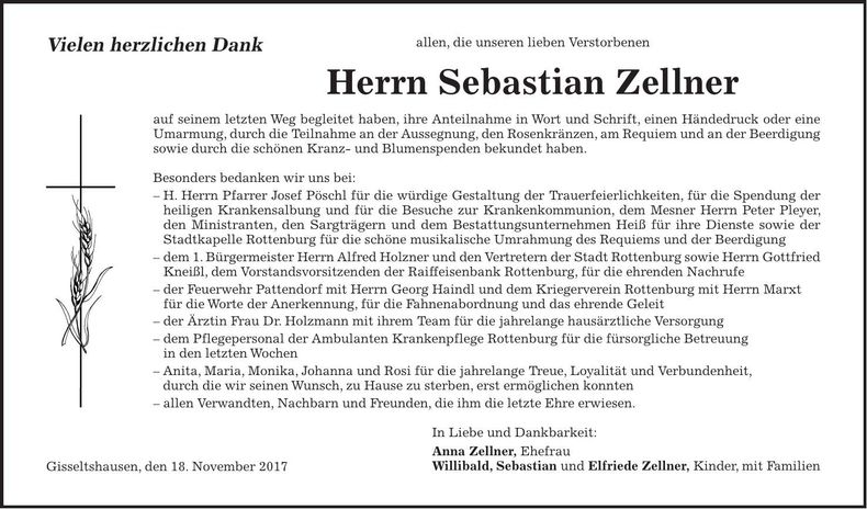 Traueranzeige Sebastian Zellner